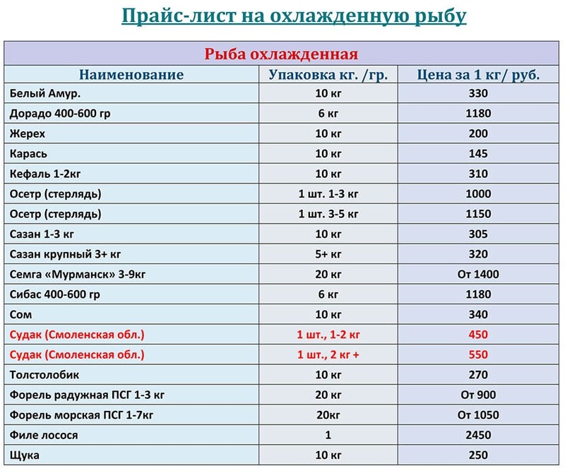 Охлажденная рыба прайс-лист на НОЯБРЬ 2025 года.